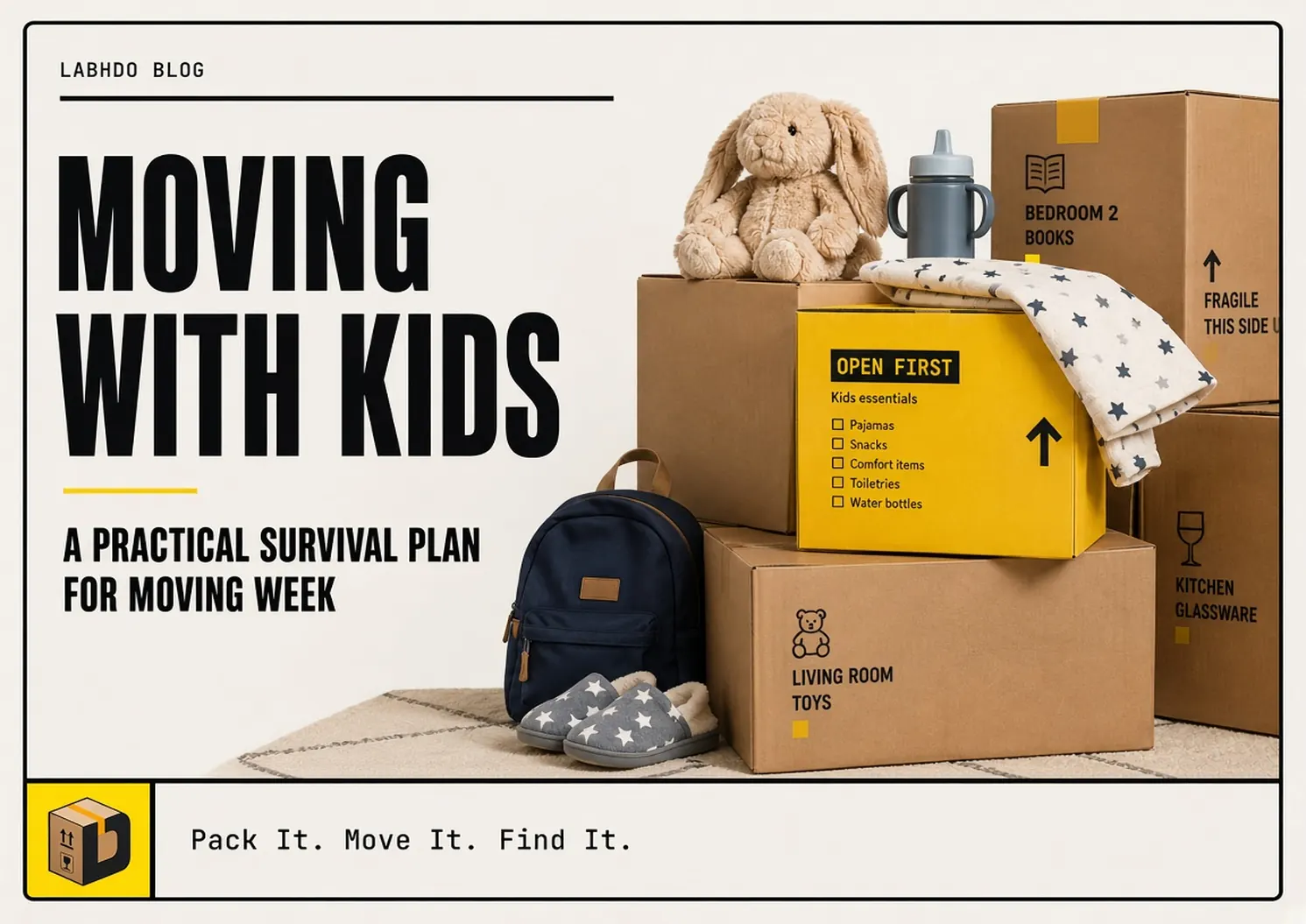 Moving boxes and children's essentials arranged in LabhDo's kraft, gold, and off-white visual style for a guide about moving with kids.