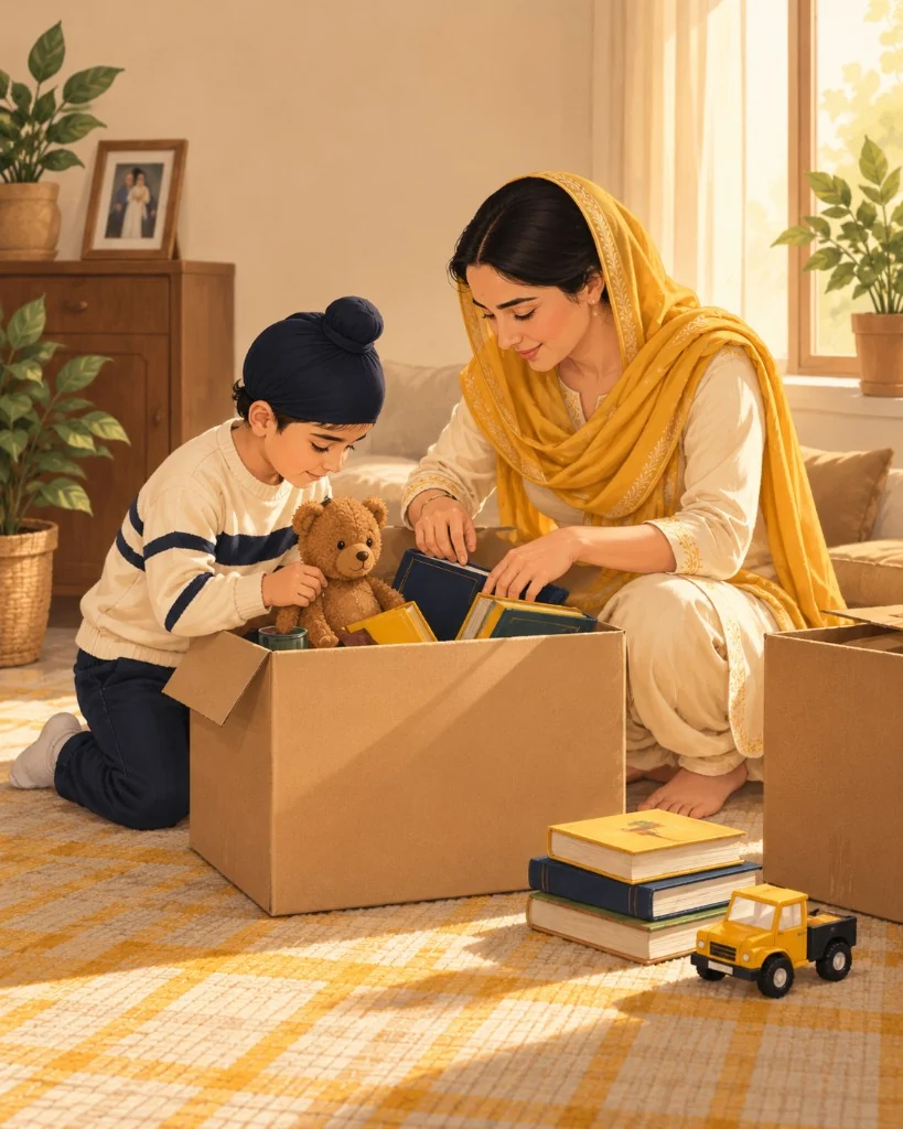 Illustration of a mother and child looking through a moving box together