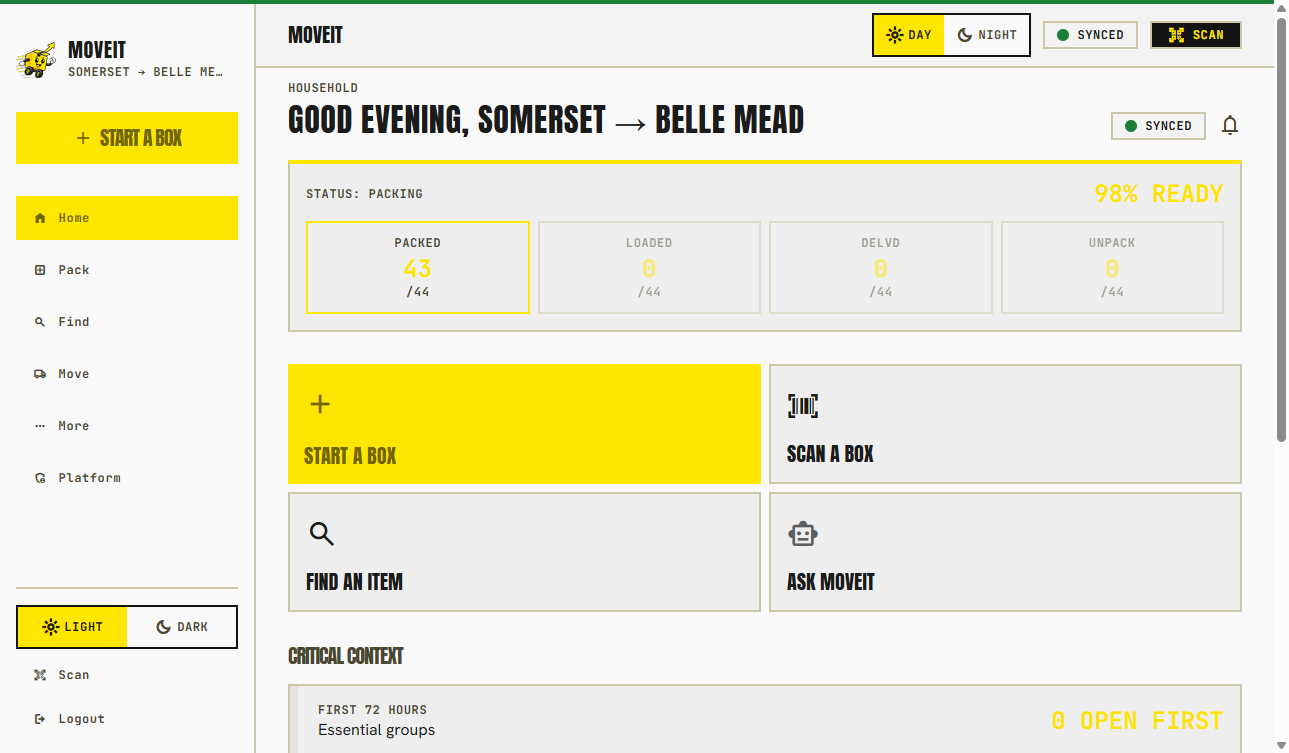 MoveIt dashboard showing packed, loaded, delivered, and unpack counts for a household move