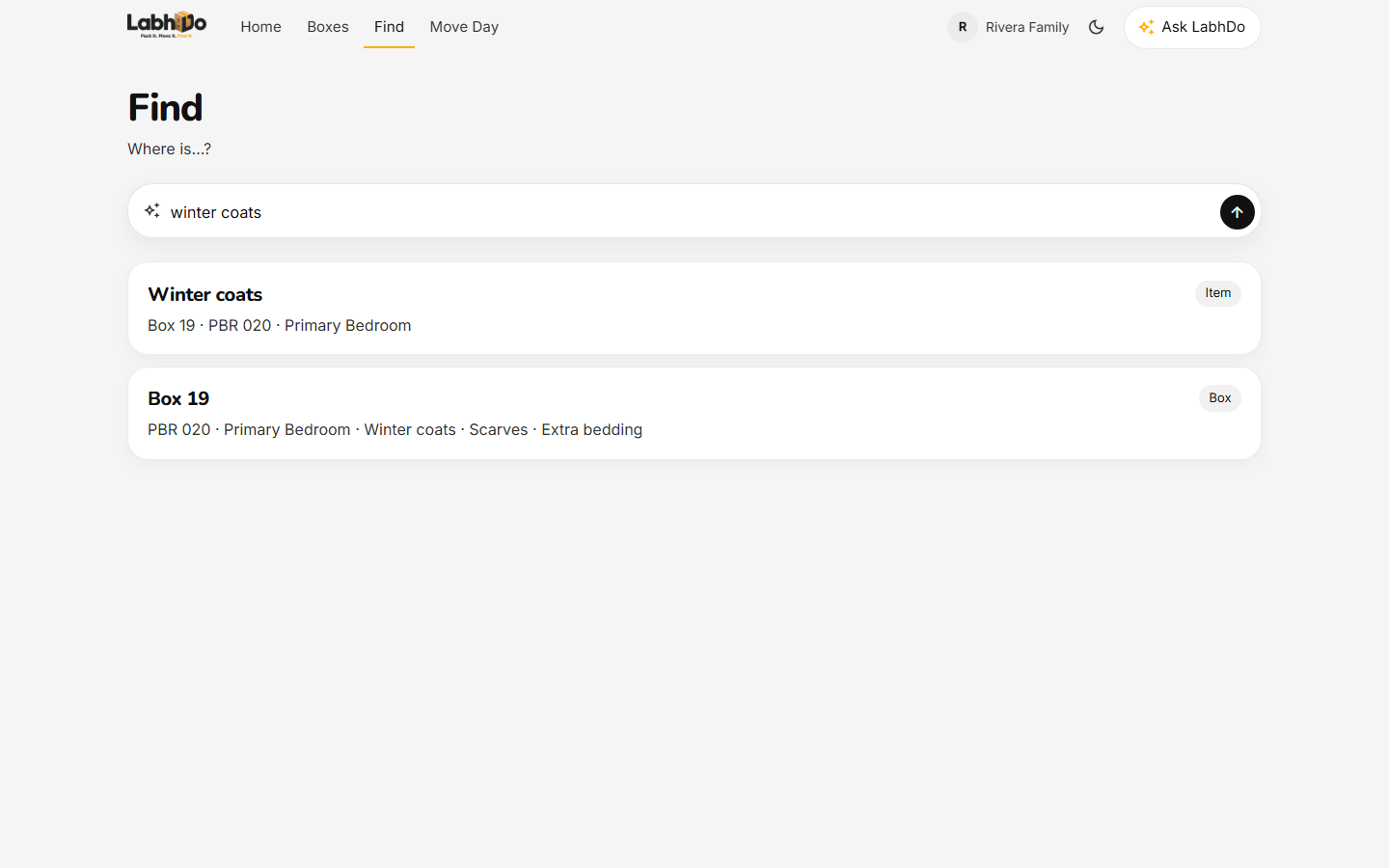 Find on the LabhDo web app showing winter coats in Box 19, Primary Bedroom