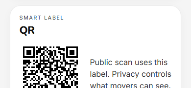 Smart label QR on a LabhDo box, with public scan privacy note